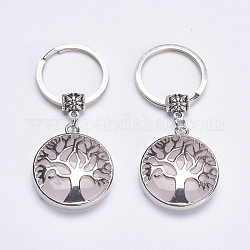 Porte-clés quartz rose naturel, avec accessoires en laiton, plat et circulaire avec arbre de vie, 64mm