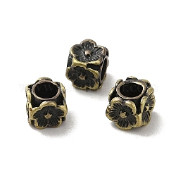 Perline in ottone placcato a cremagliera in stile tibetano, placcato di lunga durata, cubo con fiore, spazzolato bronzo antico, 5.5x5.5x5.5mm, Foro: 3.5 mm