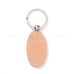 Natural Wood Keychain, with Platinum Plated Iron Split Key Rings, Oval, BurlyWood, 9cm, Oval: 64x31x7mm