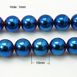 Chapelets de perles en hématite synthétique sans magnétiques, bleu plaqué, ronde, bleu plaqué, 10mm, trou: 1 39 mm perle / Chapelet, 15.5 pouce.