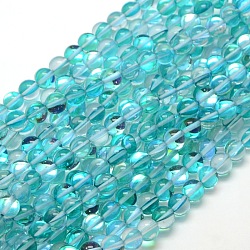 Chapelets de perles en pierre de lune synthétique, teinte, perles holographiques, demi couleur ab plaqué, ronde, turquoise, 10mm, Trou: 1mm, Environ 40 pcs/chapelet, 15 pouce