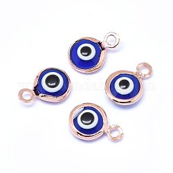 Breloques vernissées de mauvais œil manuelles, avec les accessoires en laiton, plat rond, bleu, Véritable plaqué or rose, 10x6.5x3mm, Trou: 1.5mm