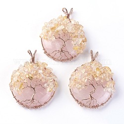 Pendentifs citrine naturelle et quartz rose, avec les accessoires en laiton de ton or rose, plat et circulaire avec arbre de vie, 58~61.5x44~48x14~16.5mm, Trou: 4~5x3.5~6mm