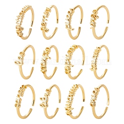 12Pcs 12 Style Brass Cuff Rings, Open Rings, Constellation Word, Real 18K Gold Plated, US Size 7 1/4(17.5mm), 1pc/style