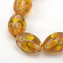 Oval Shaped Handmade Gold Sand Lampwork Beads, Gold, 16x11mm, Hole: 2mm