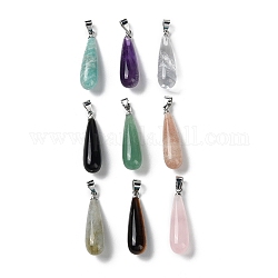 Natural Mixed Stone Teardrop Pendants, with Ion Plating(IP) Platinum Plated Brass Findings, 26.5x7.5mm, Hole: 4.3x3.5mm