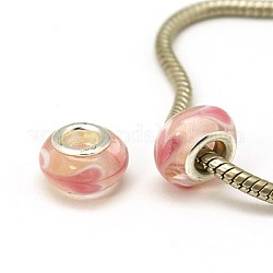 Pink Color Rondelle Handmade Lampwork Large Hole European Beads, with Silver Color Brass Core, about 14mm in diameter, 9mm thick, hole: 5mm