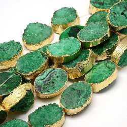 Oro placcato tinti ovali druzy naturale perline di cristallo di quarzo fili, verde, 30x22x5~12mm, Foro: 2 mm, circa 6pcs/filo, 7 pollice