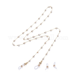 Brillenketten, Halsband für Brillen, mit runden synthetischen türkisfarbenen Perlen, Messingkabelketten, 304 Hummerkrallenverschlüsse aus Edelstahl und Gummischlaufenenden, golden, weiß, 30.90 Zoll ~ 31.29 Zoll (78.5~79.5 cm)