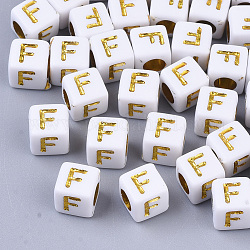 Perles acryliques plaquées, trou horizontal, métal doré enlaça, style alphabet, cube, letter.f, 5.5~6x5.5~6x5.5~6mm, Trou: 3.5mm, environ 3000 pcs/500 g