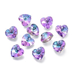 Charms de cristal facetado, corazón, espalda plateada, lila, 14x14x7.5mm, agujero: 1.4 mm