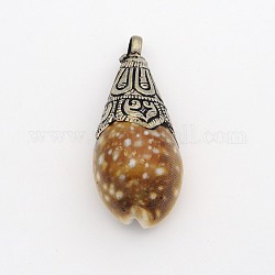 Handmade Tibetan Style Teardrop Pendants, Brass Findings with Shells, Sienna, 55~58x24~28x20mm, Hole: 7mm