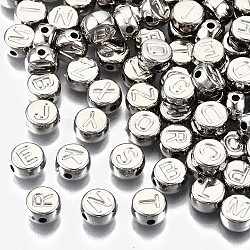 Ccb Kunststoff-Perlen, horizontales Loch, flach rund mit Brief, Platin Farbe, 7x4 mm, Bohrung: 1.8 mm, ca. 330 Stk. / 50 g