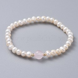 Grado elástico a pulseras de perlas naturales de agua dulce, con cuentas naturales de cuarzo rosa y cuentas de latón, 2 pulgada (5.1 cm)