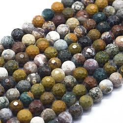 Natural Ocean Jasper Beads Strands, with Gold Point, Faceted, Round, 8mm, Hole: 1mm, about 49pcs/Strand, 15.16 inch(38.5cm)