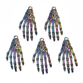Rainbow Color Alloy Pendants, Cadmium Free & Lead Free, Skeleton Hand, Multi-Color, 42x20x7.5mm, Hole: 2.5mm