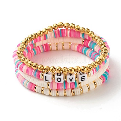 Polymer Clay Heishi Beads Bracelets Set, Natural Lava Rock Beads Stone Bracelets, Love Word Acrylic Beads Bracelets for Women Girl