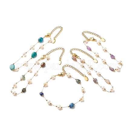 Natural Gemstone & Pearl Beaded Bracelet BJEW-JB08293-1