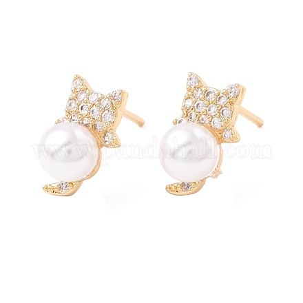 Cubic Zirconia Cat Stud Earrings with Acrylic Pearl EJEW-F282-47G-1