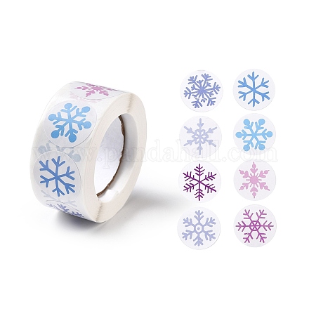 クリスマスをテーマにしたフラットラウンドロールステッカー  粘着紙ギフトタグステッカー  パーティーのために  装飾的なプレゼント  雪の結晶模様  25x0.1mm  500PCS /ロールについて X-DIY-B045-04B-1