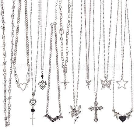 Fibloom 12 pièces 12 style coeur & croix & papillon & chauve-souris alliage émail pendentif colliers sertis de strass NJEW-FI0001-03-1