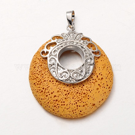 Platinum Plated Alloy Synthetic Lava Rock Flat Round Pendants G-O024-02H-1