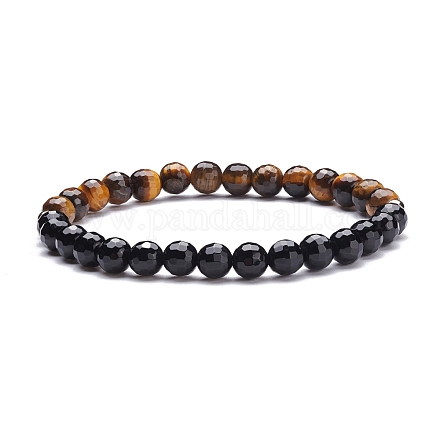 Bracelet extensible en pierre noire naturelle et perles rondes en oeil de tigre pour femme BJEW-JB07293-03-1