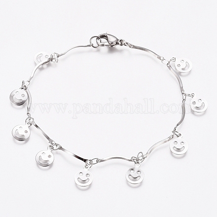 304 Stainless Steel Happy Smile Charm Bracelets BJEW-G628-05P-1