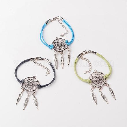 Woven Net/Web with Feather Alloy Waxed Polyester Cords Link Bracelets BJEW-JB02296-1