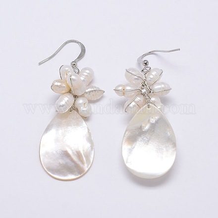 Natural Pearl Shell Drop Dangle Earrings EJEW-E144-01D-1