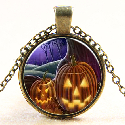 Halloween Picture Glass Pendant Necklaces NJEW-D280-44AB-1