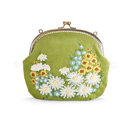 Shegraceコーデュロイ女性イブニングバッグ  刺繍ミルクの綿の花  合金の花の財布のフレームハンドル  合金ツイストカーブチェーン  緑黄  240x240mm JBG008A-02-1