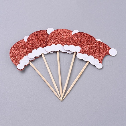 クリスマスの帽子の形クリスマスカップケーキケーキトッパーの装飾  パーティーのクリスマスデコレーション用品  レッド  79x36x3mm  5個/セット DIY-I032-19-1