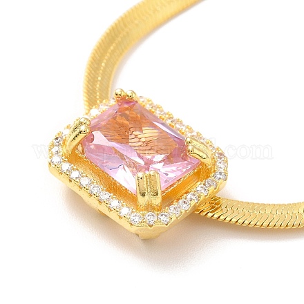 Collier pendentif rectangle zircon cubique rose avec chaîne serpent plate pour femme NJEW-B082-03-1