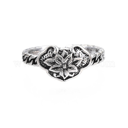 Heart with Flower Alloy Open Cuff Ring for Women RJEW-T009-27AS-1