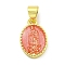 Rack Plating Brass Enamel Pendants, Long-Lasting Plated, Lead Free & Cadmium Free, Real 18K Gold Plated, Oval with Saint Charm, Coral, 15x10x3mm, Hole: 5x3.5mm