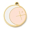 304 Stainless Steel Pendants, with Enamel, Flat Round with Moon Charm, Golden, Misty Rose, 17x15x1.7mm, Hole: 1.4mm