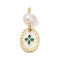 Natural Cultured Freshwater Pearl & Brass Pendants, with Enamel, Oval Charms, Rack Plating, Cadmium Free & Lead Free, Long-Lasting Plated, Snow, 22.5x9x5.5mm, Hole: 1.8mm