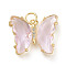 Brass Micro Pave Clear Cubic Zirconia Pendant, with Glass, Butterfly, Golden, Pink, 15x19x4.5mm, Hole: 3.5mm