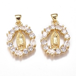 Brass Micro Pave Cubic Zirconia Pendants, Long-Lasting Plated, Oval with Virgin Mary, Clear, Golden, 24.5x18x3mm, Hole: 5x4mm