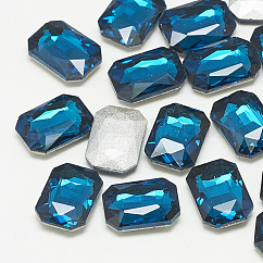 Cabochons en verre avec strass de dos avec point, facette, rectangle octogone, bleu capri, 6x4x2mm