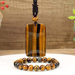 Armbänder aus runden Naturperlen aus Tigerauge und Halsketten-Sets mit rechteckigem Anhänger für Damen&nbsp;WGAB457-01