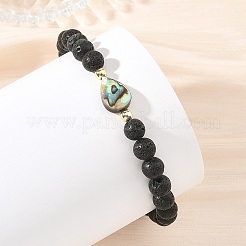 Pulseras elásticas redondas de roca volcánica natural y cuentas geométricas de concha paua para mujer&nbsp;BJEW-JB14148