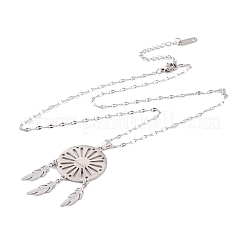 Collane con ciondolo boho in acciaio inossidabile 201 con rete/ragnatela intrecciata antiossidante e piuma per donna&nbsp;NJEW-G087-05P