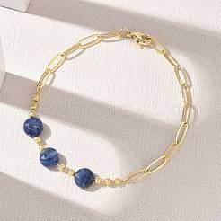 Bracciali a catena con graffetta in ottone e perline piatte rotonde sfaccettate di sodalite naturale&nbsp;GG-CBA37F5-02G-13