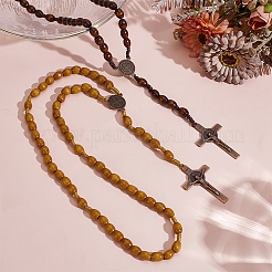 6 pièce 2 couleurs alliage religion crucifix croix pendentif bois riz perles chapelet perles colliers&nbsp;NJEW-GO0001-07