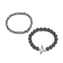 2 pièces 2 style bracelets extensibles en roche de lave naturelle et hématite synthétique sertis d'ailes en alliage&nbsp;BJEW-JB08021