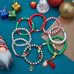 9 pièces 9 mots de style joyeux noël faits à la main en argile polymère heishi surfeur bracelets extensibles sertis de perle acrylique&nbsp;sgBJEW-SW00070