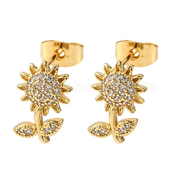 Orecchini a bottone in ottone con micro pavé di zirconi cubici trasparenti e fiori&nbsp;EJEW-K267-33G