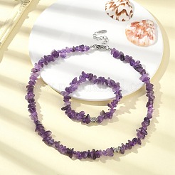 Natürliche Amethyst-Chips-Perlenkette und Stretch-Armband&nbsp;SJEW-JS01281-01